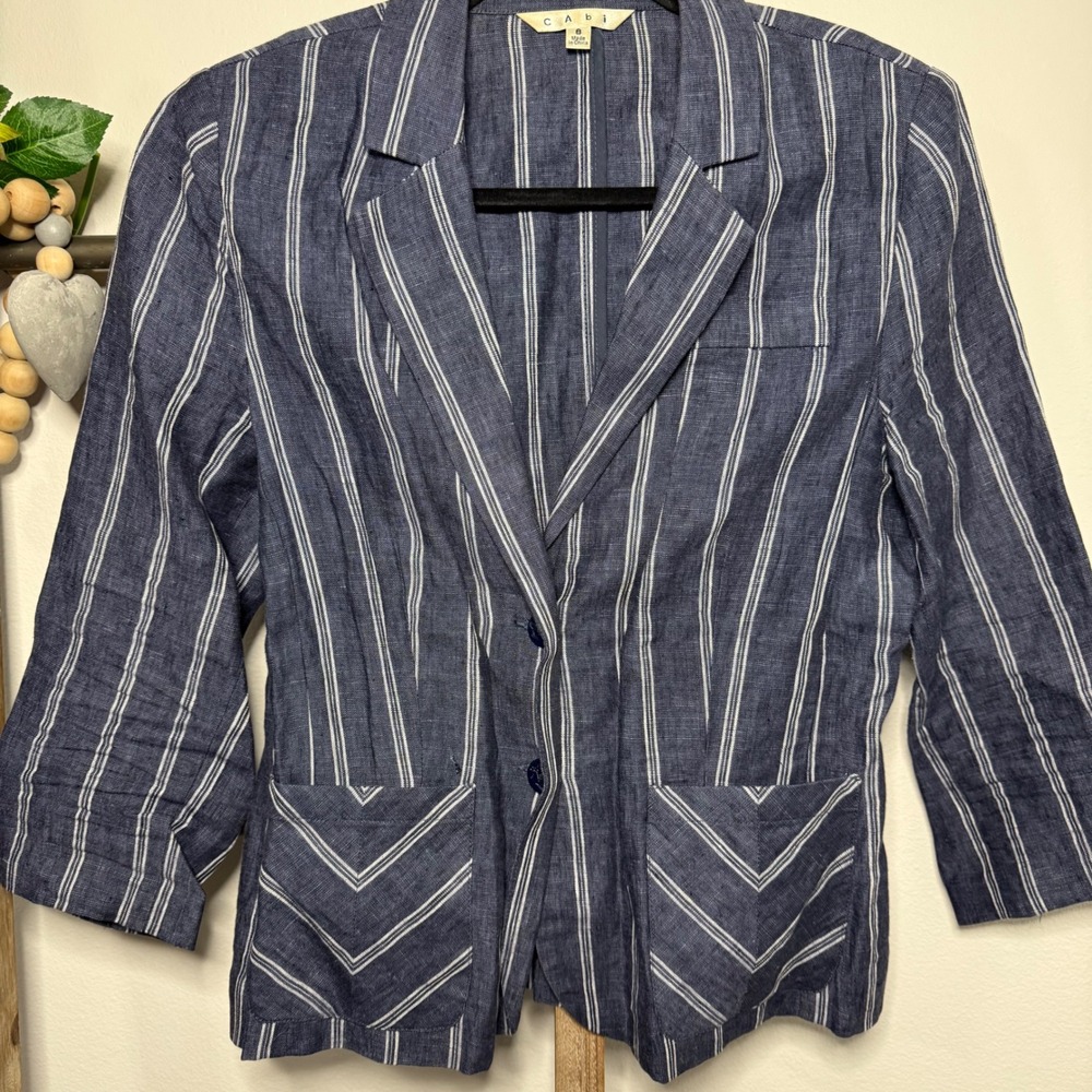 Cabi Womens Blazer Size 8 Navy White Stripe Linen Button Front Style 871 - Picture 3 of 9